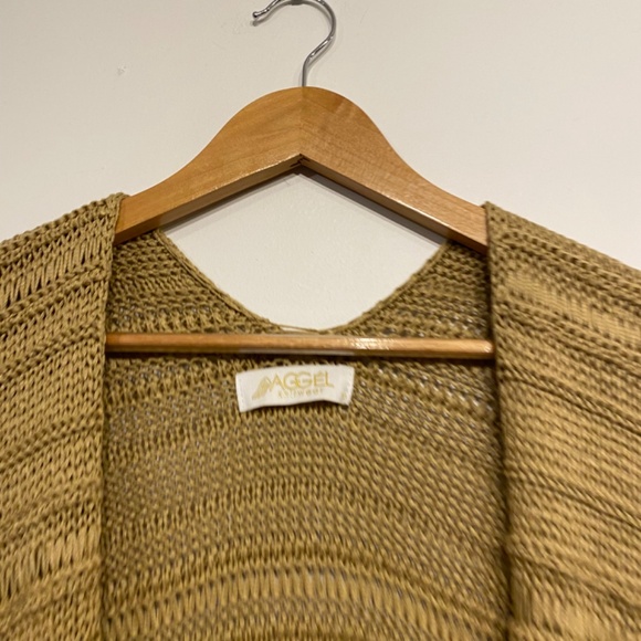 Aggel Knitwear Tan Loose Knit Long Cap Sleeve Open Front Cardigan Sweater Medium - Picture 3 of 5